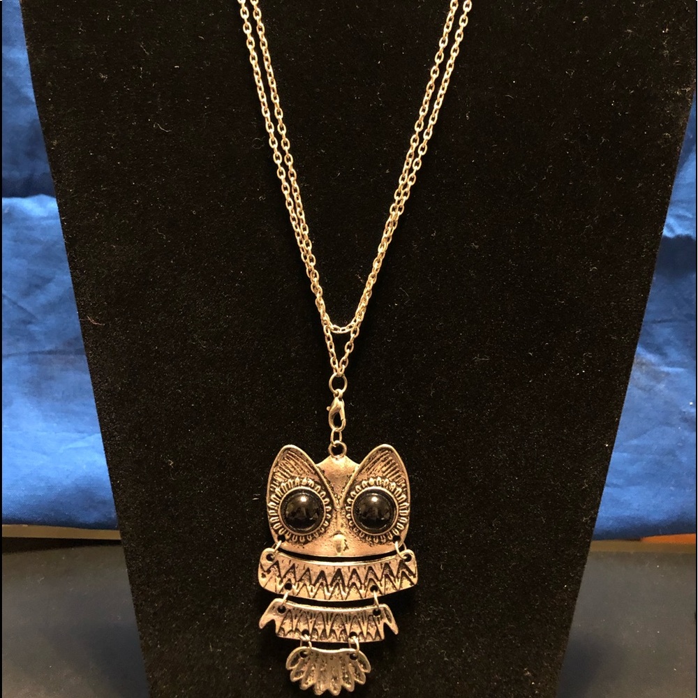 Long Silver Owl Necklace